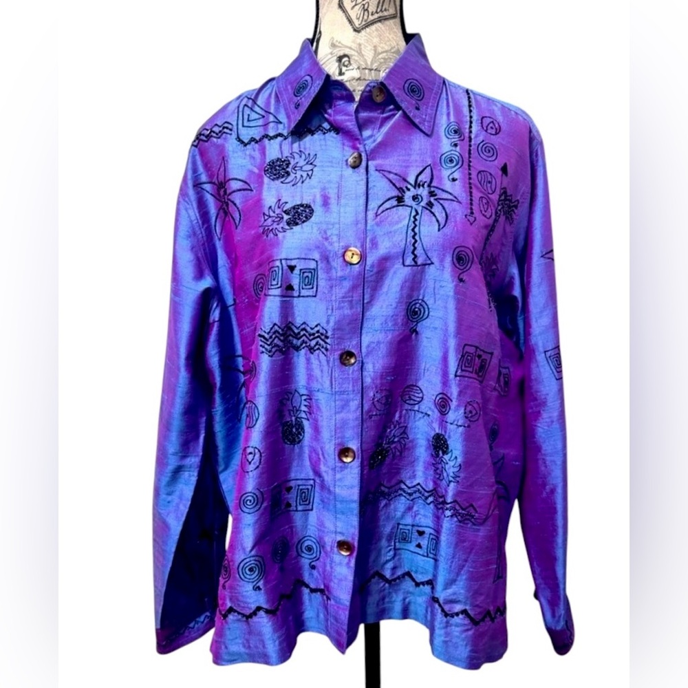 Bleu Bayou Purple Dupioni Silk Blouse Black Hand Beaded Embroidered Palms Size L